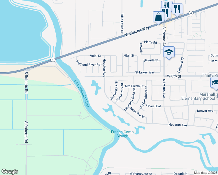 map of restaurants, bars, coffee shops, grocery stores, and more near 2512 Almaden Court in Stockton