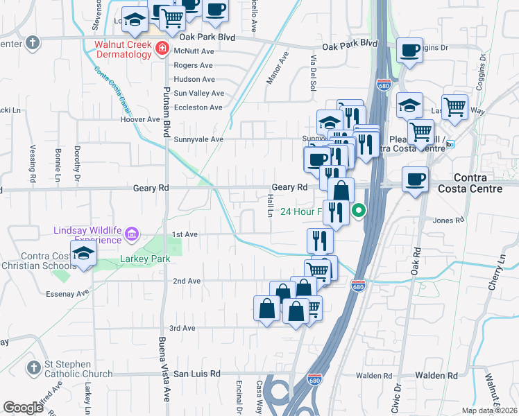 map of restaurants, bars, coffee shops, grocery stores, and more near 942 Monet Circle in Walnut Creek