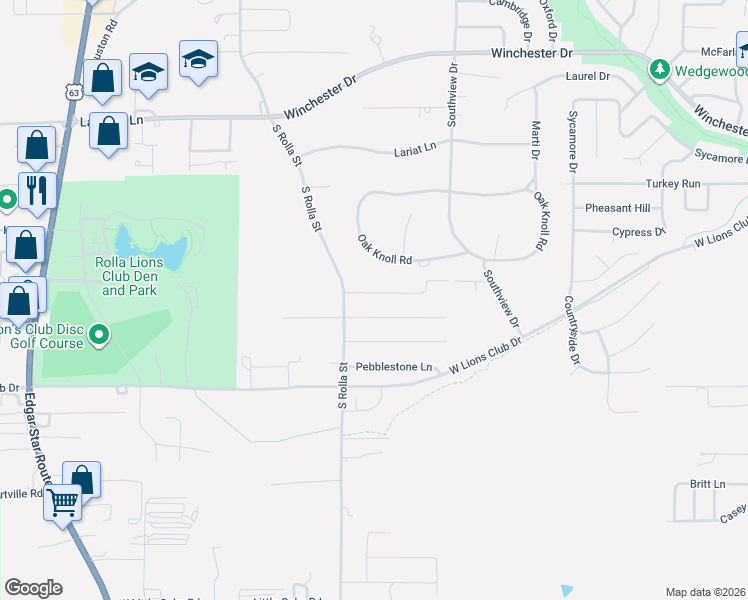map of restaurants, bars, coffee shops, grocery stores, and more near 207 Sooter Lane in Rolla
