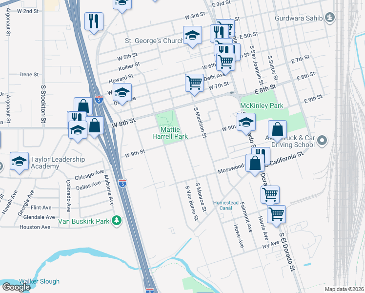map of restaurants, bars, coffee shops, grocery stores, and more near 2415 South Monroe Street in Stockton