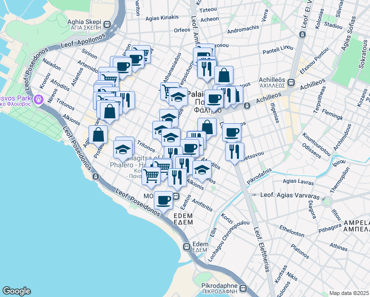 map of restaurants, bars, coffee shops, grocery stores, and more near in Palaio Faliro