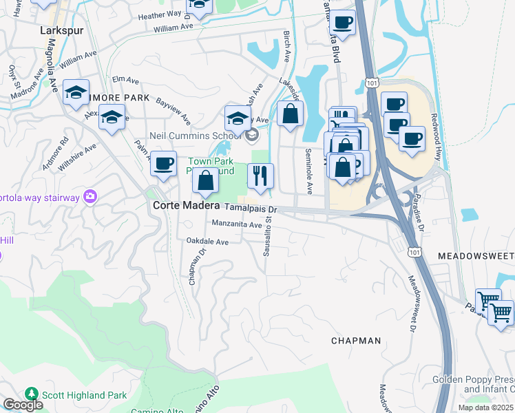 map of restaurants, bars, coffee shops, grocery stores, and more near 502 Tamalpais Drive in Corte Madera