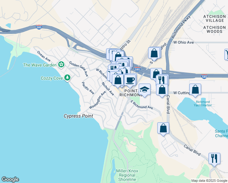 map of restaurants, bars, coffee shops, grocery stores, and more near 218 Washington Avenue in Richmond