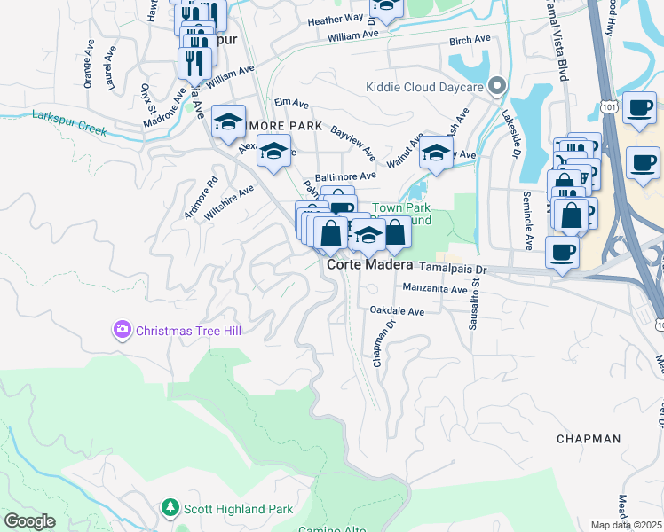 map of restaurants, bars, coffee shops, grocery stores, and more near 30 Tamalpais Drive in Corte Madera