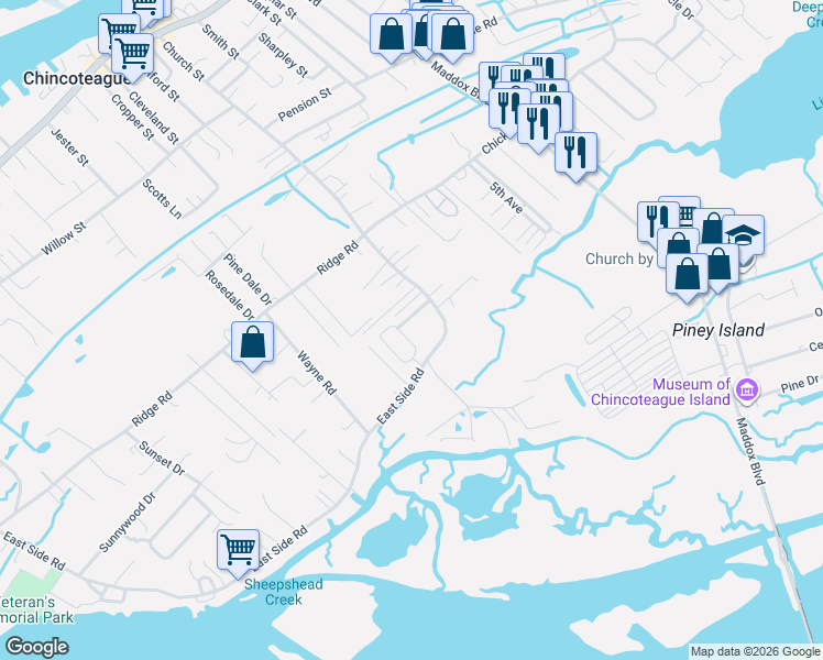 map of restaurants, bars, coffee shops, grocery stores, and more near 4300-4398 Shields Lane in Chincoteague Island