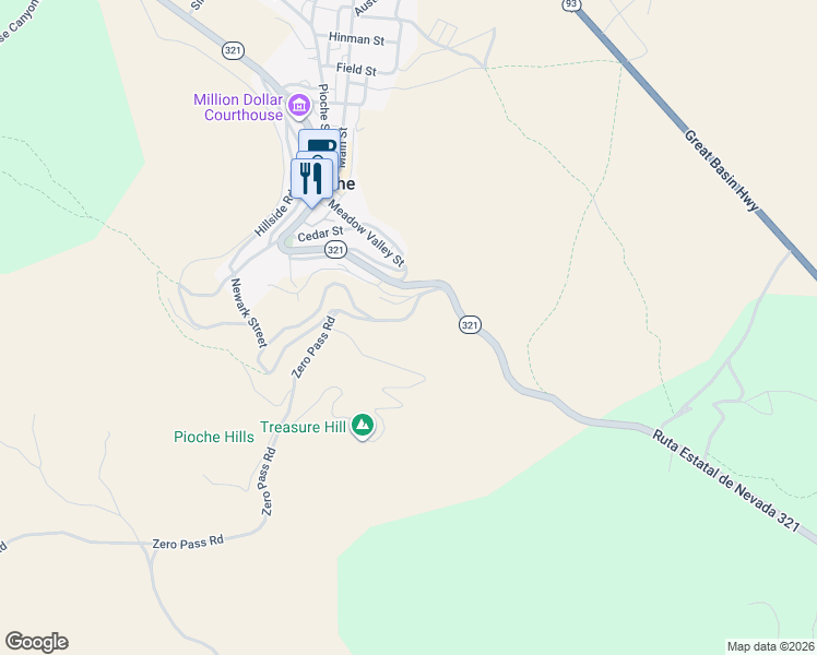 map of restaurants, bars, coffee shops, grocery stores, and more near 98 Burke Tunnel Road in Pioche