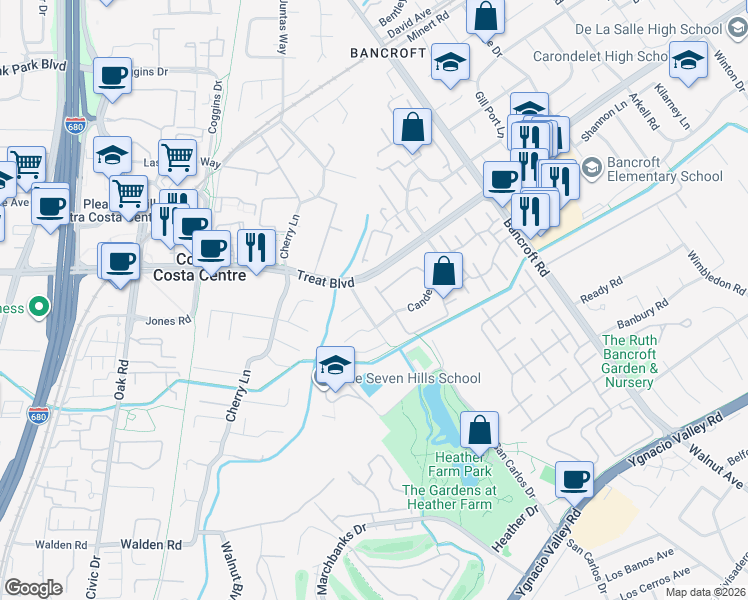 map of restaurants, bars, coffee shops, grocery stores, and more near 1053 Northoak Drive in Walnut Creek