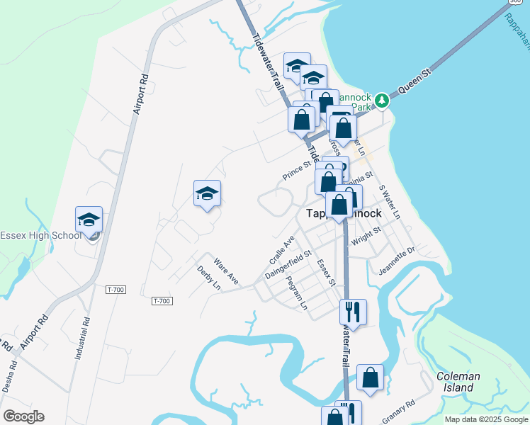 map of restaurants, bars, coffee shops, grocery stores, and more near 551 Faulconer Circle in Tappahannock