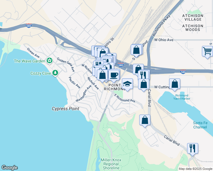 map of restaurants, bars, coffee shops, grocery stores, and more near 2 West Richmond Avenue in Richmond