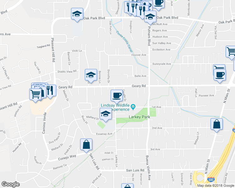 map of restaurants, bars, coffee shops, grocery stores, and more near 2862 Larkey Lane in Walnut Creek