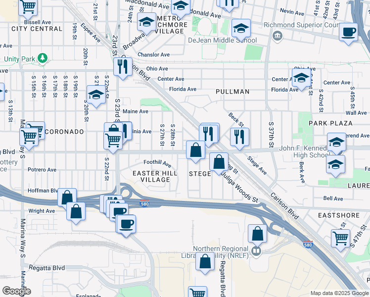 map of restaurants, bars, coffee shops, grocery stores, and more near 2901 Cutting Boulevard in Richmond