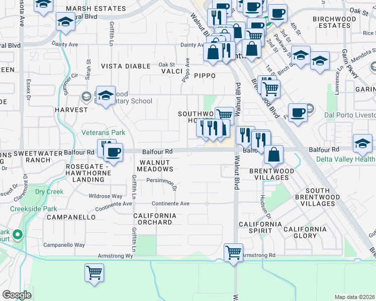 map of restaurants, bars, coffee shops, grocery stores, and more near 718 Balfour Road in Brentwood