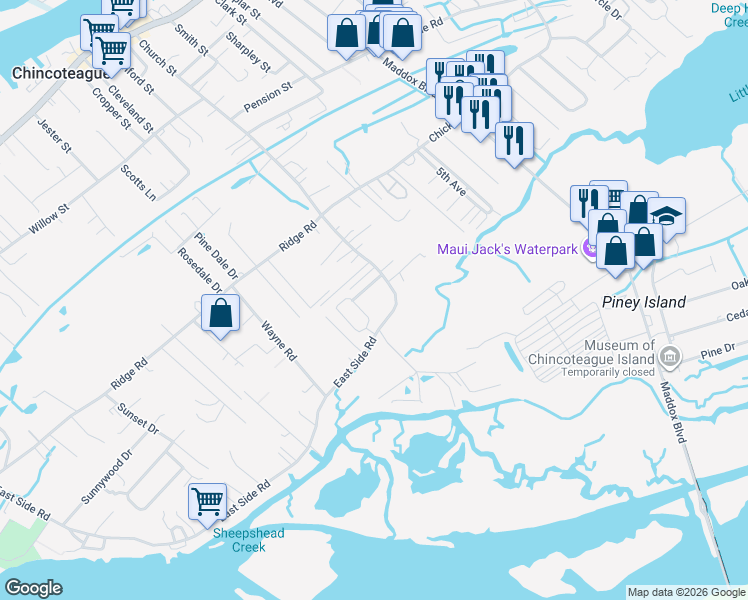 map of restaurants, bars, coffee shops, grocery stores, and more near 4300-4398 Shields Lane in Chincoteague Island