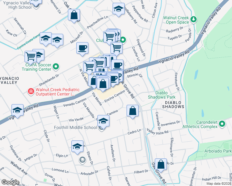 map of restaurants, bars, coffee shops, grocery stores, and more near 2878 Encina Camino in Walnut Creek