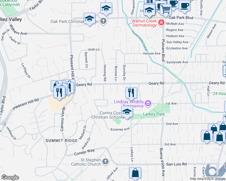 map of restaurants, bars, coffee shops, grocery stores, and more near 7 Parkland Drive in Walnut Creek