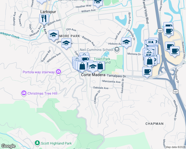 map of restaurants, bars, coffee shops, grocery stores, and more near in Corte Madera