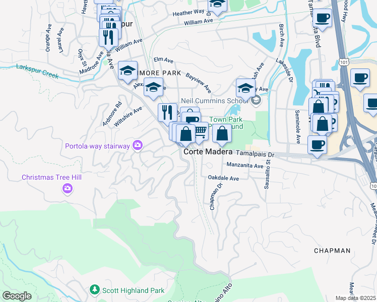 map of restaurants, bars, coffee shops, grocery stores, and more near 30 Tamalpais Drive in Corte Madera