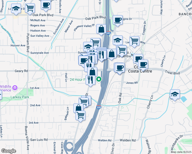 map of restaurants, bars, coffee shops, grocery stores, and more near 2890 North Main Street in Walnut Creek