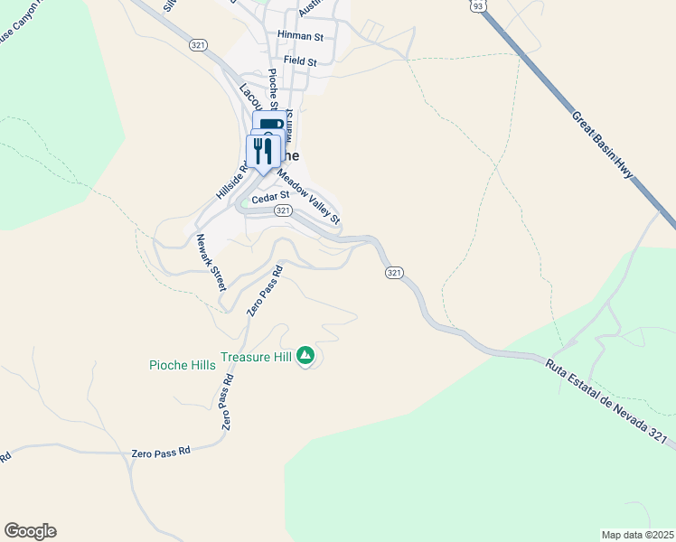 map of restaurants, bars, coffee shops, grocery stores, and more near 98 Burke Tunnel Road in Pioche