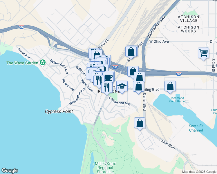 map of restaurants, bars, coffee shops, grocery stores, and more near 401 South Garrard Boulevard in Richmond
