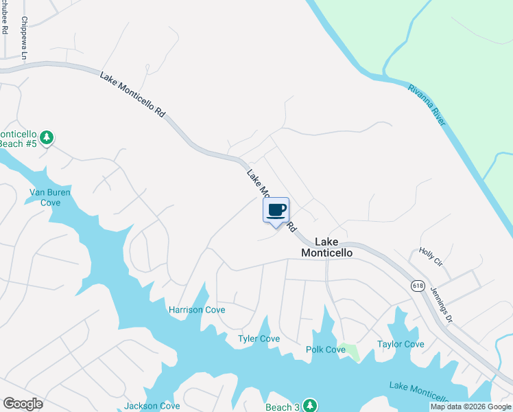map of restaurants, bars, coffee shops, grocery stores, and more near 2430-2498 Lake Monticello Road in Palmyra