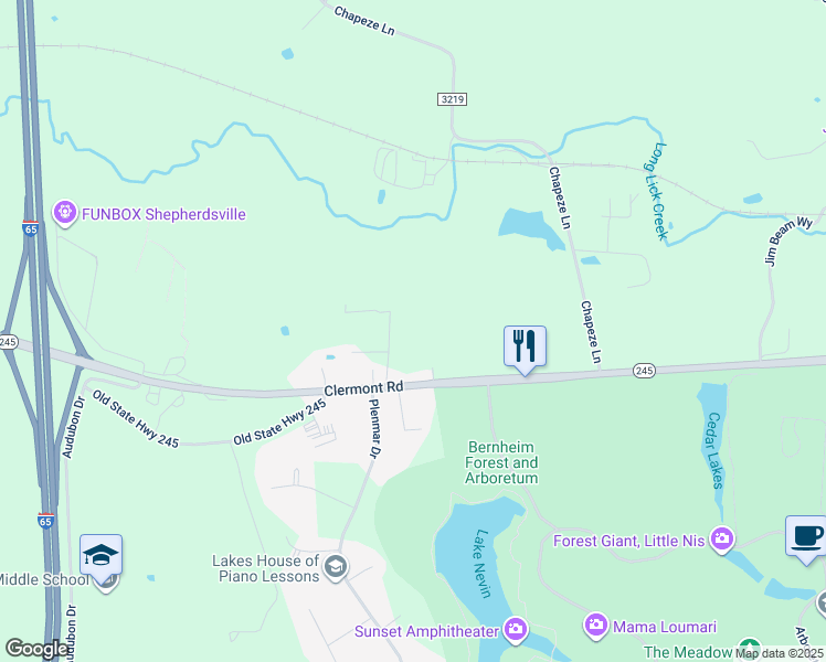 map of restaurants, bars, coffee shops, grocery stores, and more near 1560 Clermont Road in Shepherdsville