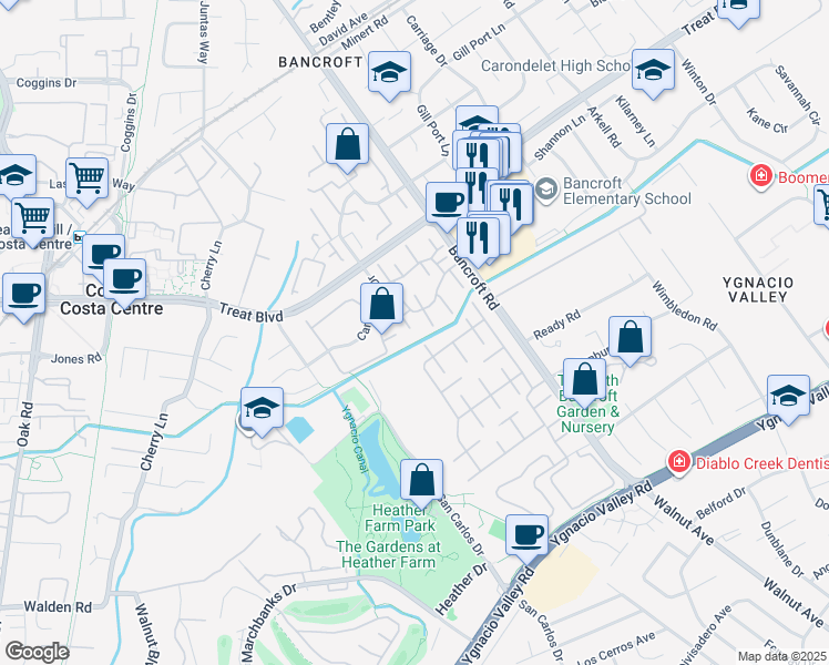 map of restaurants, bars, coffee shops, grocery stores, and more near 1858 Pomar Way in Walnut Creek