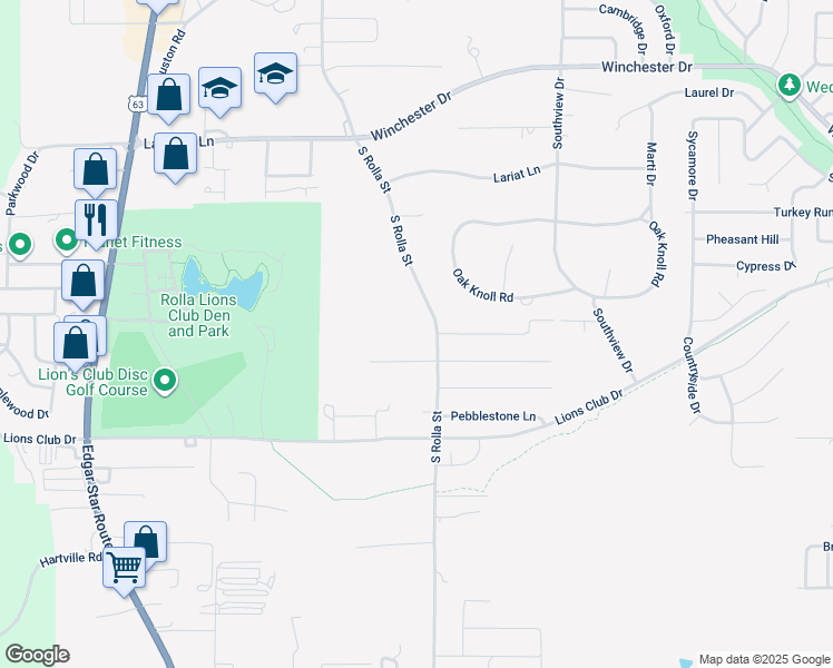 map of restaurants, bars, coffee shops, grocery stores, and more near 1100 South Rolla Street in Rolla