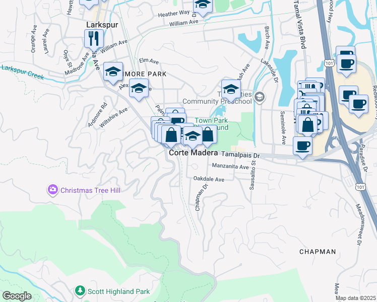 map of restaurants, bars, coffee shops, grocery stores, and more near Tamalpais Dr & Willow Ave in Corte Madera