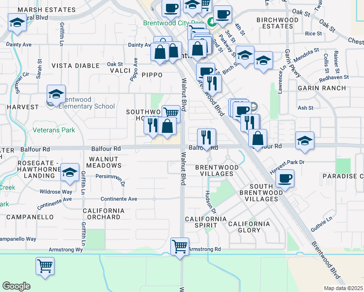map of restaurants, bars, coffee shops, grocery stores, and more near Balfour Rd & Walnut Blvd in Brentwood