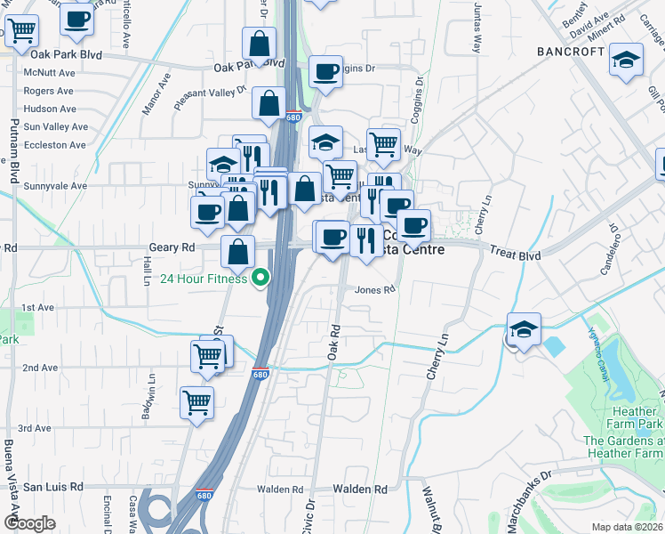 map of restaurants, bars, coffee shops, grocery stores, and more near 1340 Treat Boulevard in Walnut Creek