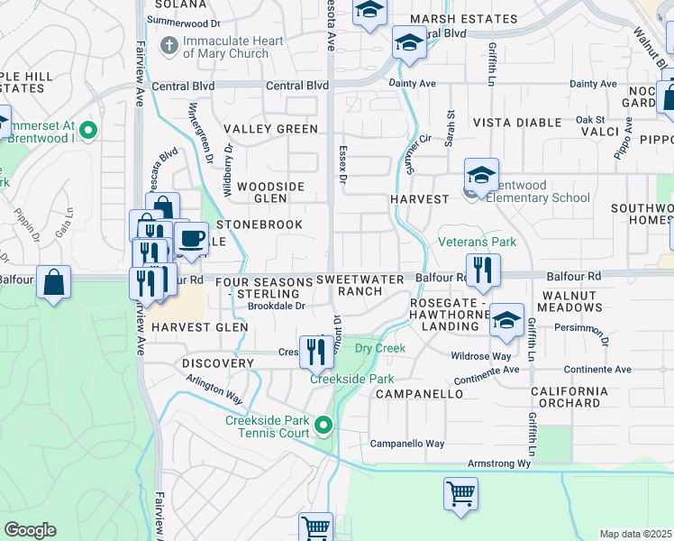 map of restaurants, bars, coffee shops, grocery stores, and more near 9 Haystack Court in Brentwood