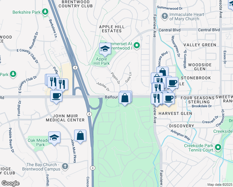 map of restaurants, bars, coffee shops, grocery stores, and more near 1740 Jubilee Drive in Brentwood