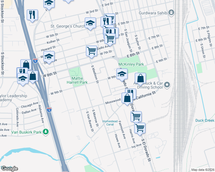 map of restaurants, bars, coffee shops, grocery stores, and more near 120 West 9th Street in Stockton