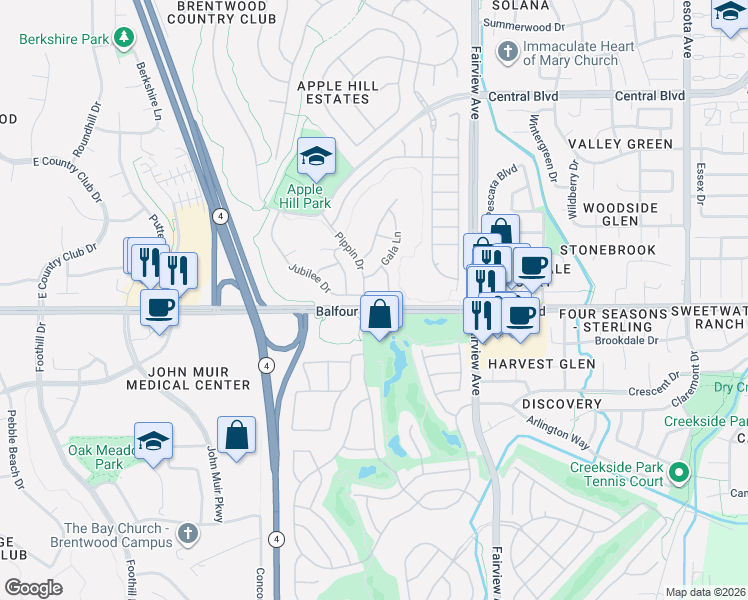 map of restaurants, bars, coffee shops, grocery stores, and more near 1680 Jubilee Drive in Brentwood