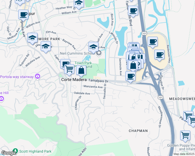 map of restaurants, bars, coffee shops, grocery stores, and more near 502 Tamalpais Drive in Corte Madera