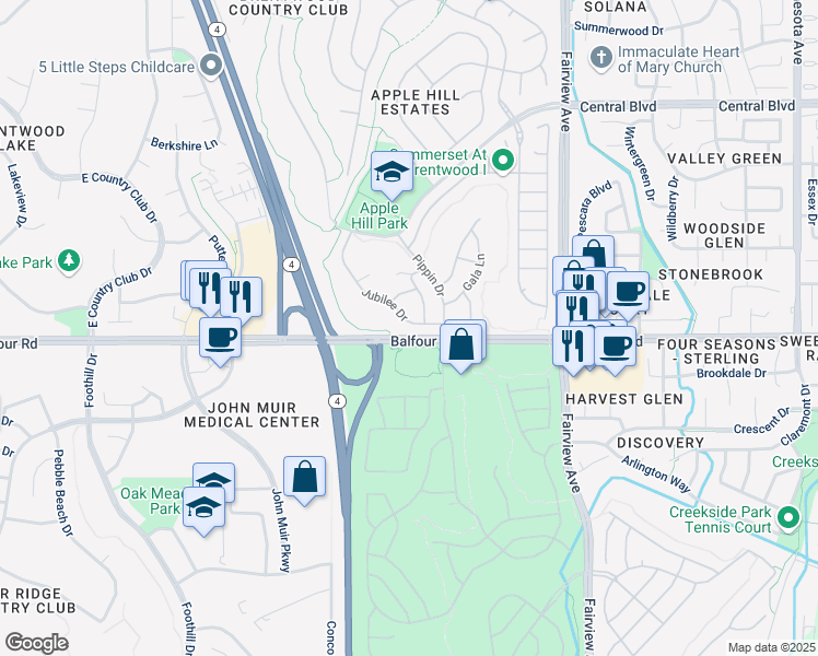 map of restaurants, bars, coffee shops, grocery stores, and more near 1800 Jubilee Drive in Brentwood