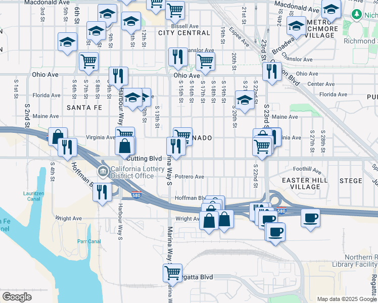 map of restaurants, bars, coffee shops, grocery stores, and more near 447 South 16th Street in Richmond