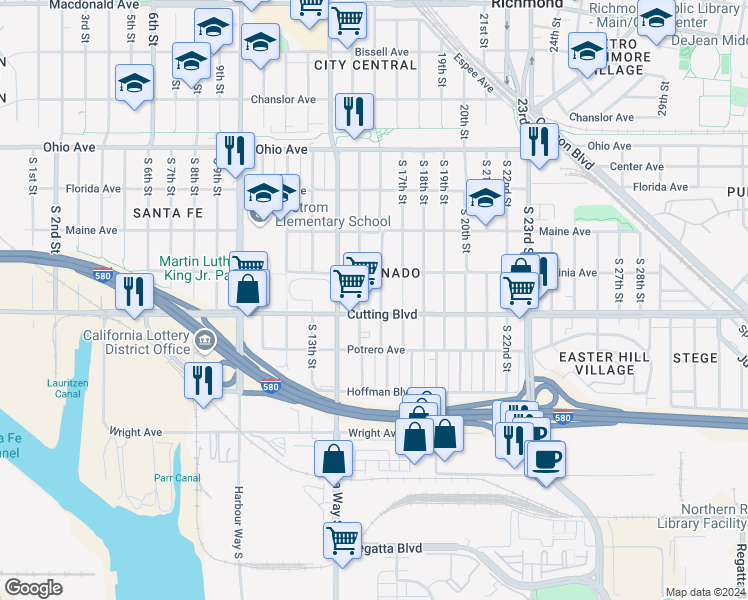 map of restaurants, bars, coffee shops, grocery stores, and more near 447 South 16th Street in Richmond