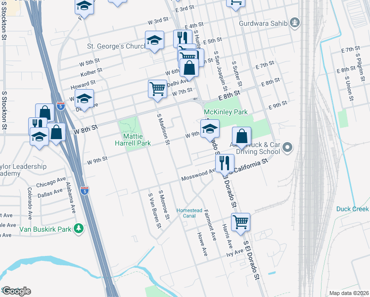 map of restaurants, bars, coffee shops, grocery stores, and more near 120 West 9th Street in Stockton