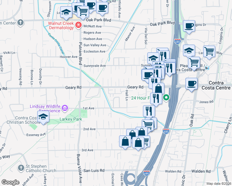 map of restaurants, bars, coffee shops, grocery stores, and more near 1661 Geary Road in Walnut Creek