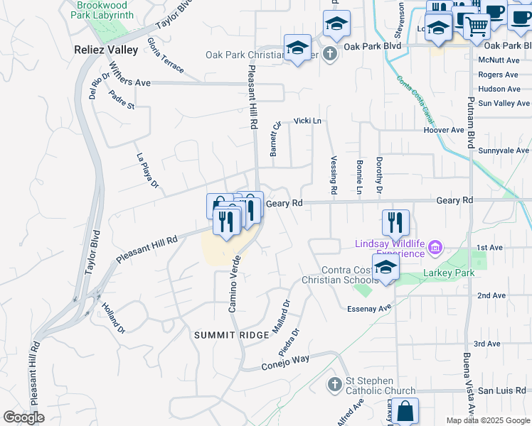 map of restaurants, bars, coffee shops, grocery stores, and more near 2211 Geary Road in Walnut Creek