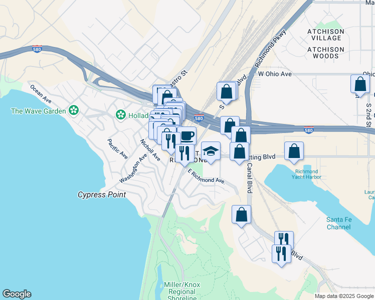 map of restaurants, bars, coffee shops, grocery stores, and more near 401 South Garrard Boulevard in Richmond