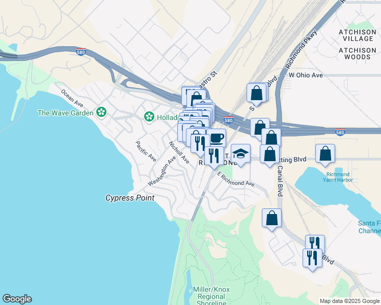 map of restaurants, bars, coffee shops, grocery stores, and more near 157 Park Place in Richmond