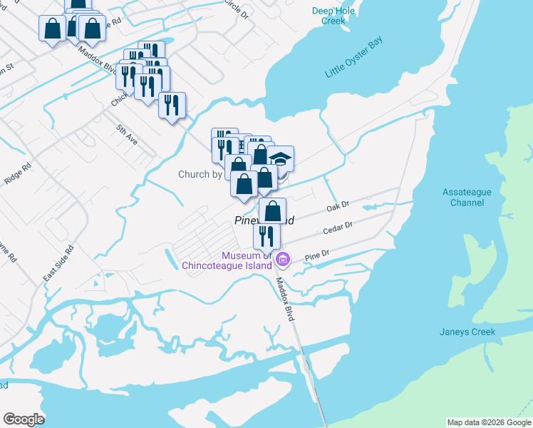 map of restaurants, bars, coffee shops, grocery stores, and more near 8280-8298 Beach Access Rd in Chincoteague Island
