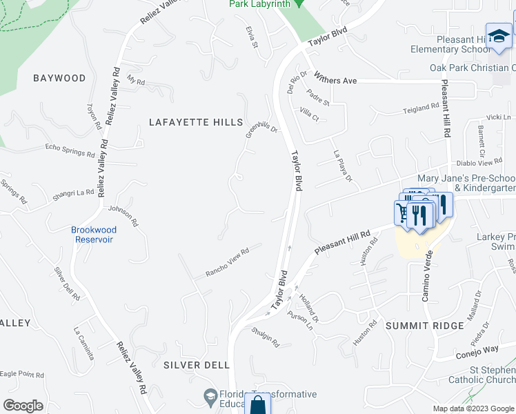 map of restaurants, bars, coffee shops, grocery stores, and more near 3295 Greenhills Drive in Lafayette
