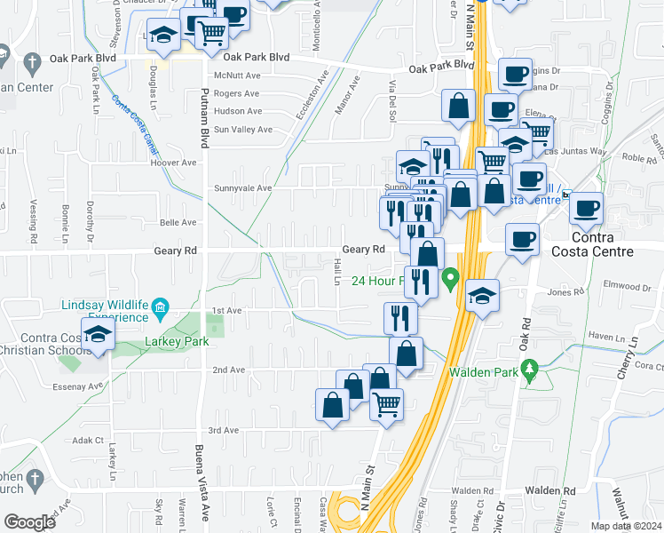 map of restaurants, bars, coffee shops, grocery stores, and more near 118 Hall Lane in Walnut Creek