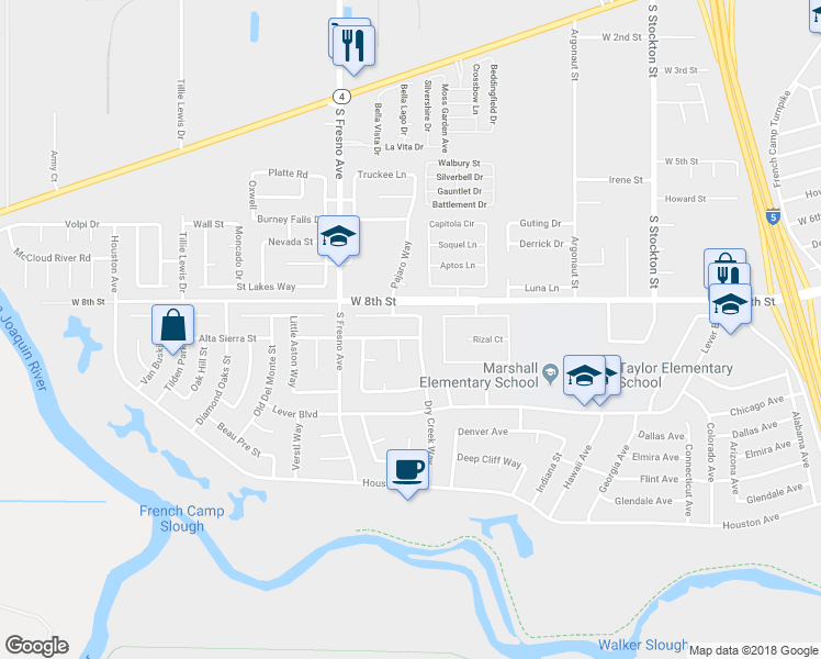 map of restaurants, bars, coffee shops, grocery stores, and more near 1637 Diablo Creek Drive in Stockton