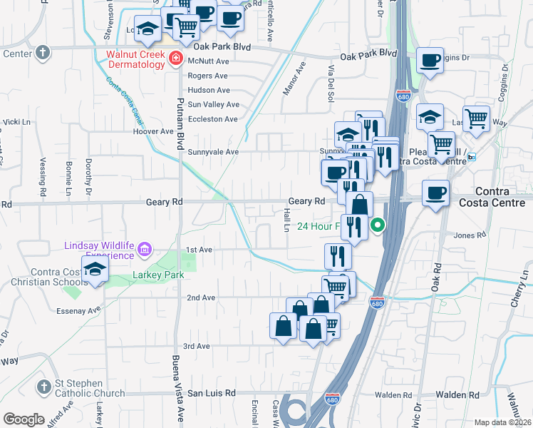 map of restaurants, bars, coffee shops, grocery stores, and more near 1637 Geary Road in Walnut Creek