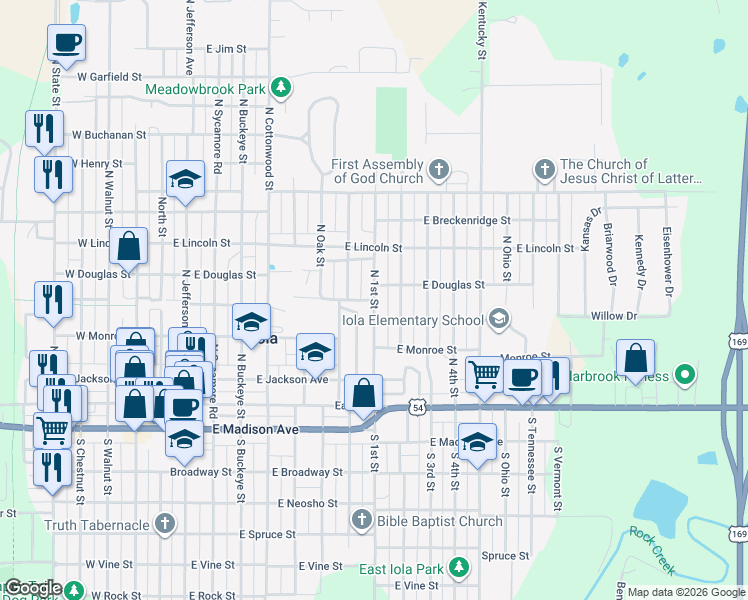 map of restaurants, bars, coffee shops, grocery stores, and more near 358 North 1st Street in Iola